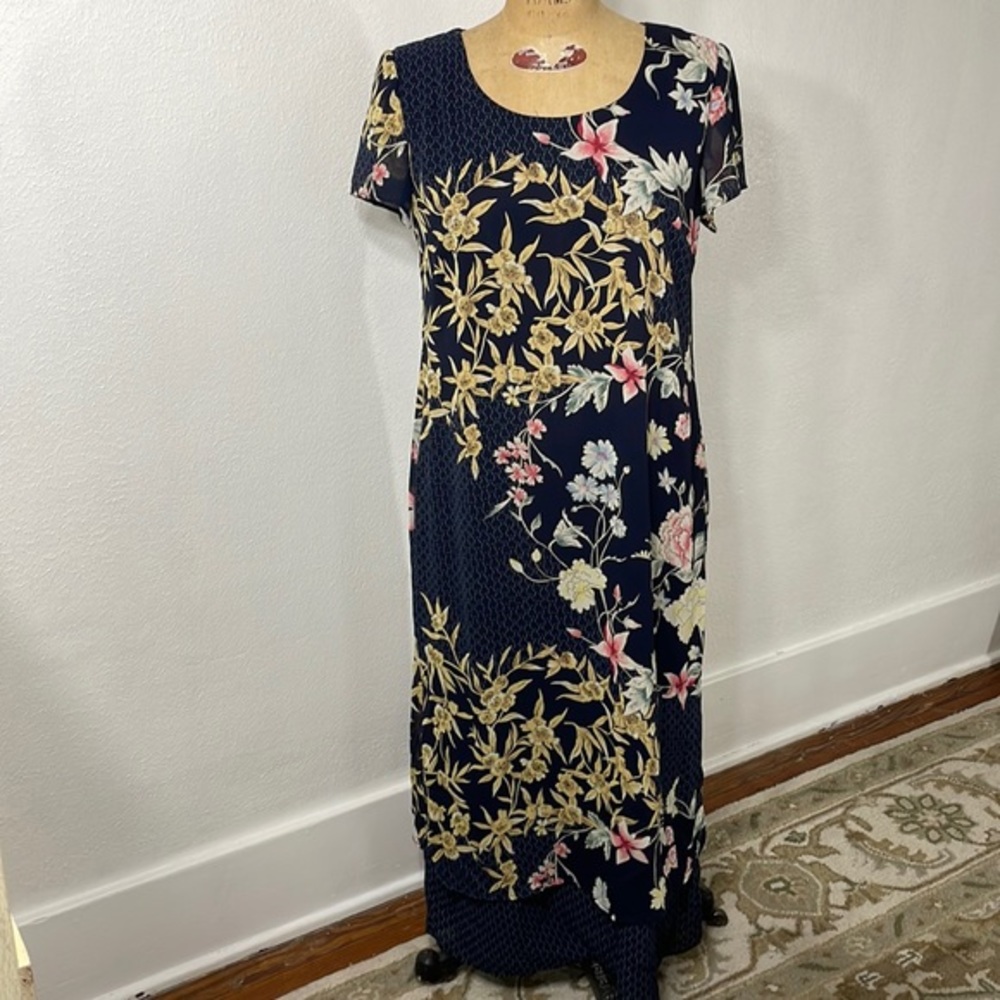 Vintage J. Stevens by Carol Escritor navy blue floral tropical maxi dress